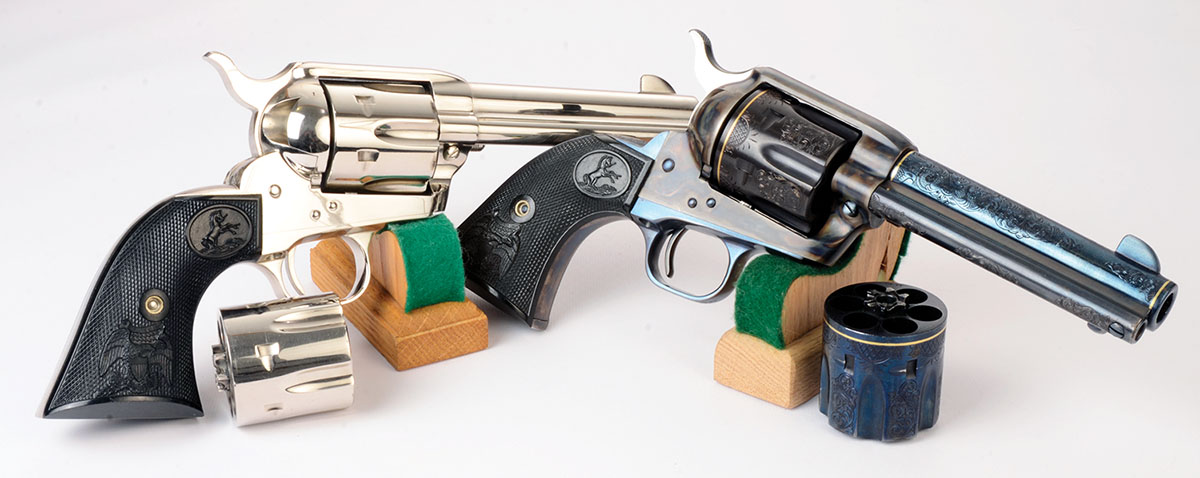 Although 44 revolvers are losing popularity, Mike is still fond enough of them to have auxiliary 44 Special cylinders fitted to these Colt SAA 44-40s.
